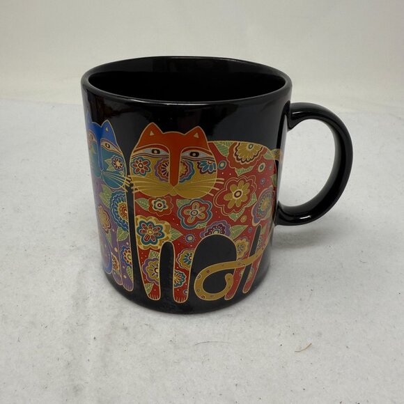 Laurel Burch Flowering Felines Cup 1993 Black Coffee Mug Colorful Cat Design Box - Picture 2 of 12